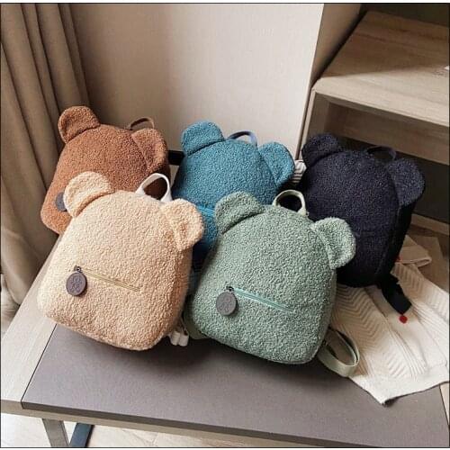 2021 Brand New Women Girls Cute Bear Ear Fleece Small Backpack Casual Warm Lambswool Daypack Bag Winter Purse