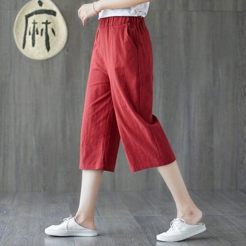 Womens Cotton Linen Pants Summer Oversized Casual Elastic Waist Wide Leg Pants Vintage Calf-length Pants Women Cropped Trousers