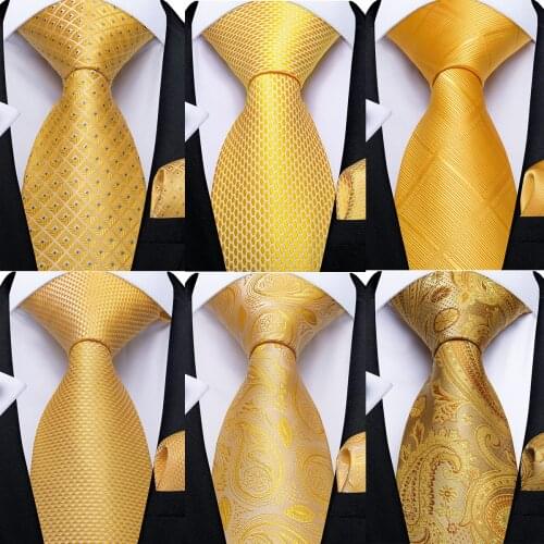 DiBanGu Mens Ties Yellow Paisley Design Silk Wedding Tie For Men Hanky Cufflink Tie Set Fashion Bussiness Party Dropshipping