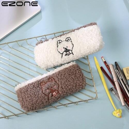 EZONE Lambswool Pencil Case Kawai Pen Bag Cosmetic Make Up Organizer Student Stationery for School Plush Personality Bag Gift
