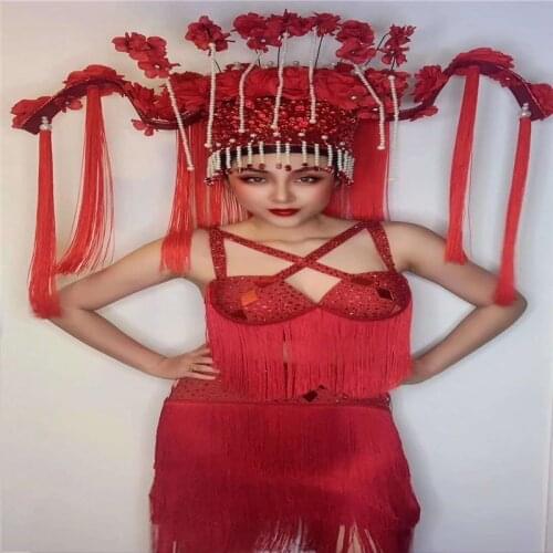 H64 Tassels Tight Prom Hat Backless Bodysuit Singer Sleeveless Sexy Party Elastic Stretched Leotard Siamese Costume Outfit Model