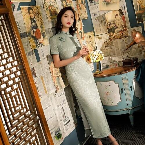 Summer Female Chinese Elegant Jacquard Satin Mandarin Collar Cheongsam Handmade Button Short Sleeve Qipao Traditional Clothing