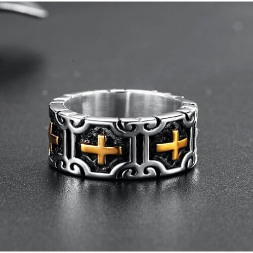 Valily Classic Retro Christian Jesus Cross Ring Stainless Steel Christian Believers Punk Rock Mens Round Rings Band Jewelry