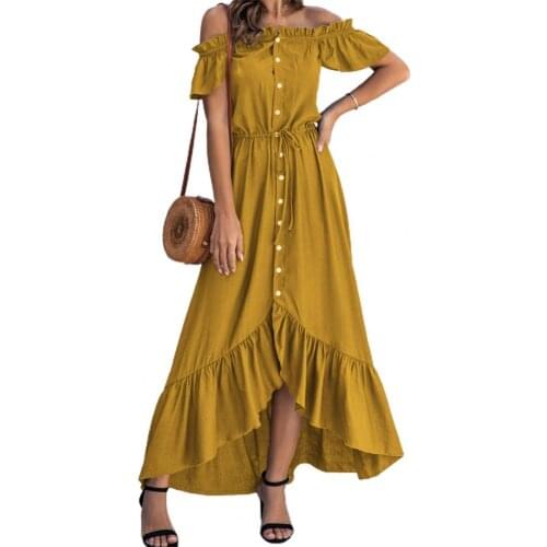 Summer Elegant Women Midi Dress Casual Solid Color Slash Neck Irregular Ruffle Hem Loose A-Line Plus Size Dresses Party