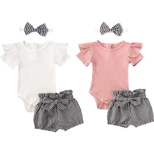 2020 Summer Newborn Baby Girls Clothing Set Toddler Ruffle Short Sleeves Round Collar Bodysuits + Plaid Shorts + Headband 0-24M