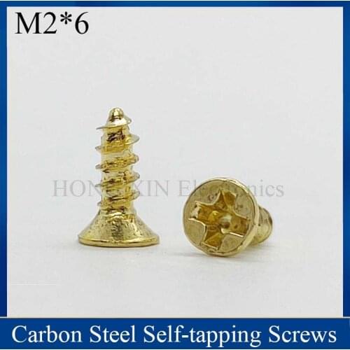 【M2*6】Gold Self Tapping Wood Screw Flat head Thread Nail Screw Fastener Wood Furniture Screws 1pcs