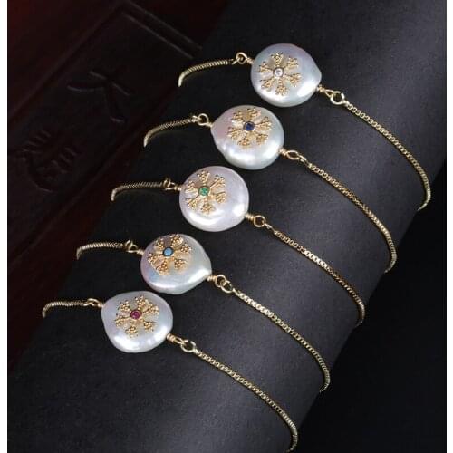 Micro paved cz tiny snow snowflake charm freshwater pearl bead charms dainty link bracelets for women wedding birthday gift