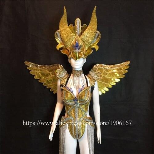Fashion Carnival Gold Evening Dress Wings Catwalk DS Ballroom Costume Stage Performance Dance DJ Singer Cosplay TV Show Clothes