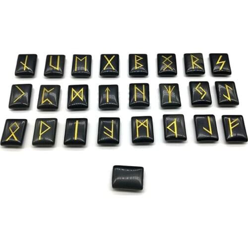 25pcs Natural Black Obsidian Stone Runes Set Engraved Lettering Wiccan Pagan Nordic Amulets Rune Free Pouchs Wholesale