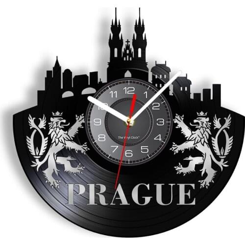 Prague Skyline Vinyl Record Wall Clock Czech Republic Cityscape Travelling Home Decor Laser Cut Handicraft Album Art Wall Watch