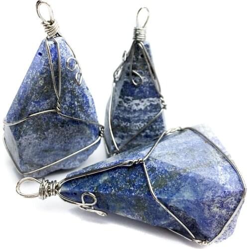 Retro Reiki Healing Lapis Lazuli Pendant Handmade Craft Wired Wrapped Raw Nuggets Blue Crystal Natural Stone Pendants Women Male