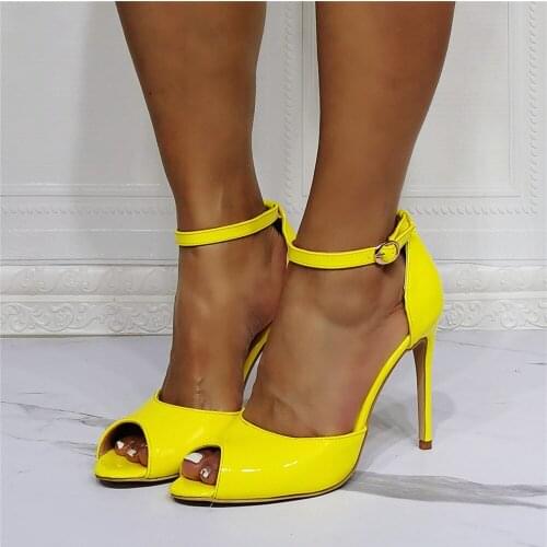 MKKHOU Fashion Sandals Women New Summer Shoes Yellow Patent Leather Fish Mouth Stiletto 12cm Ladies High Heels Large Size 36-47