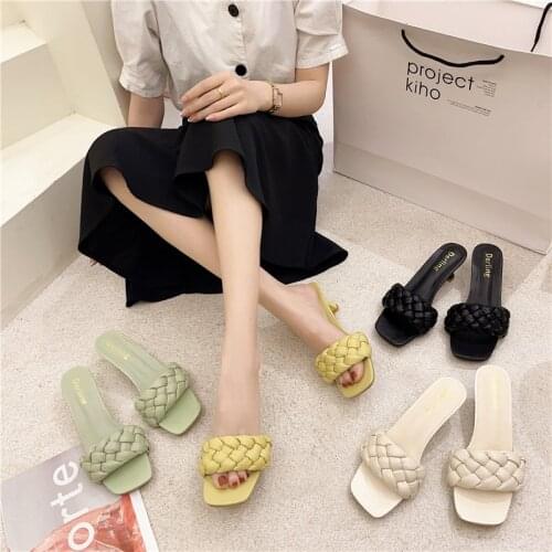 WOHDHE Sandals Weave Design Women Elegant Square Toe Thin High Heels Summer Slippers Flip Flops