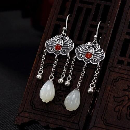 Silver S925 pure silver natural Hetian jade magnolia flower Fu in front of the south red tassel lady earrings earrings