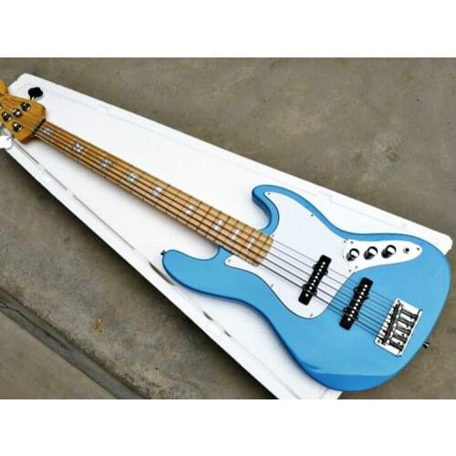 Top quality FDJB-5013 metal blue color solid basswood body white plate 5 strings electric Jazz Bass , Free shipping
