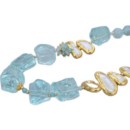 GuaiGuai Jewelry Natural Blue Glass Quartzs Rough White Biwa Freshwater Pearl Round Agates Choker Necklace 21" Vintage For Women