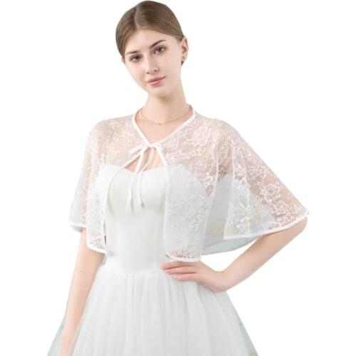 Women Wedding Bridal Shawl Wrap Capelet Sheer Floral Lace Jacket Bolero Tulle Cape Bridesmaid Lace-Up Shrug Cover Up AXYD