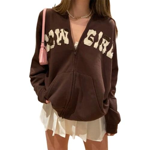 Womens 2000s Girls Zip Up Hoodies Casual Long Sleeve Letter Hooded Sweatshirts Pockets Y2K Autumn Spring Sweatshirts Jackets