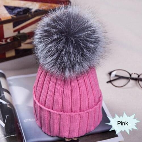 Women Fur Pom Winter Warm Beanie Knitted Large Faux Fur Pom Hats Bobble Skullies Hat Ski Thick White Black Cap Ladies Beanies