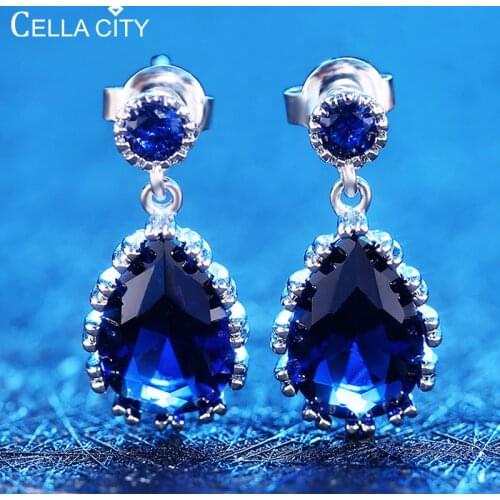 Cellacity Trendy Female Silver 925 Ear drops Fine Jewelry with Blue Gemstones Water Drop Shaped Sapphire Earrings for Women Gift