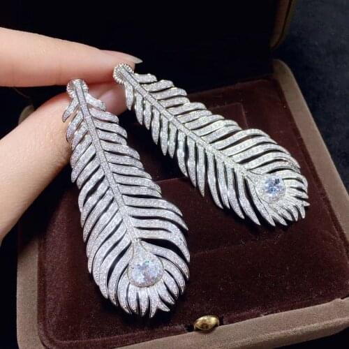 Feather drop earring 925 sterling silver with cubic zircon high quality fine women jewelry bling bling party wedding