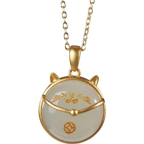 S925 sterling silver gold plated Natural Hetian jade Dark jade Pendant National tide Coins Cute cat Womens pendant