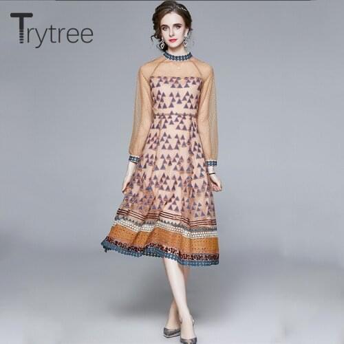 Trytree 2021 Spring Autumn Womens Dress High Street Shiny Mesh Puff Sleeve Patchwork Geometry A-line Mid-Calf Office Lady Dress