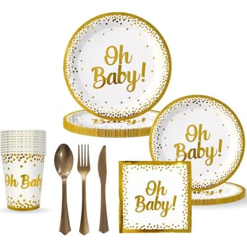 1 Set Gilding Paper Dinner Plate Set Disposable Baby Theme Food Grade Materials Paper Dinner Plate Set Dinner Plate Supplies