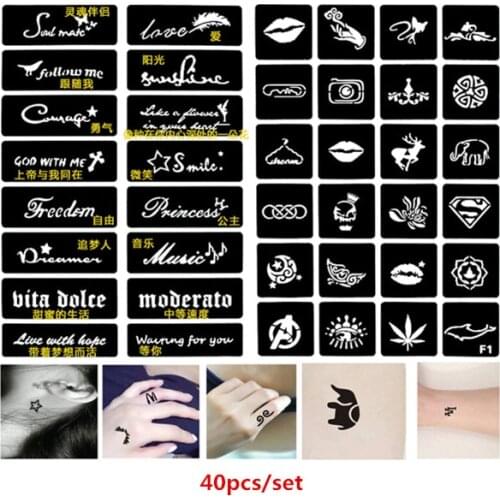 40pcs/set Glitter Tattoo Sjablonen DIY Henna Stencil Letters Skull Cat Sexy Stencils for Painting Airbrush Stencil Pochoir