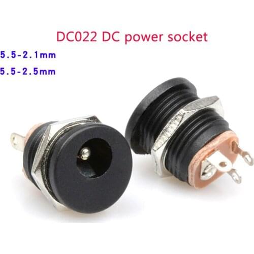 5pcs DC022 DC power socket iron/copper foot environmental protection threaded 5.5-2.1/2.5MM panel mounting