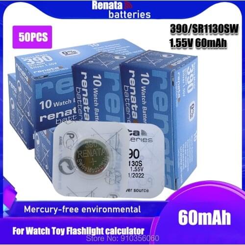50PCS Renata Watch Battery 1.55V 390 SR1130SW 389 LR54 AG10 Silver oxide Button Coin Cell Batteries MADE IN Swiss