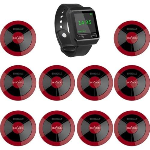 SINGCALL Wireless Calling System, One Mobile Calling Watch Pager and 10 Single Button for Restaurant, Hotel, Cafe