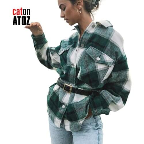 CatonATOZ 2298 Vintage Stylish Pockets Oversized Plaid Jacket Coat Overshirt Women Plus Size Lapel Collar Outerwear Chic Tops