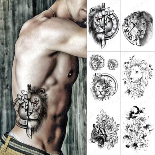 Clock Lion Knife Temporary Tattoo Sticker For Men Women Rose Owl Wolf Fox Waterproof Fake Henna Tiger Animal Body Art Tatoo Deca