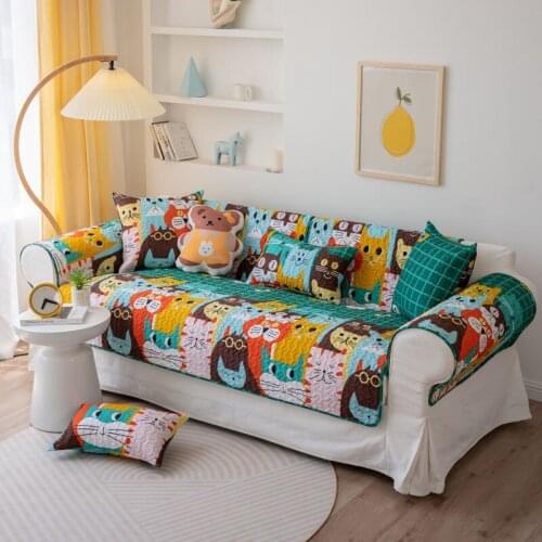 Cartoon Sofa Cover Four Seasons Universal Non-Slip Cotton Fashion Cute Cat Sofa Cushions Nordic Sofa Towel For Living Room
