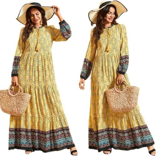 Floral Print Long Dress Muslim Women Abaya Boho Maxi Kaftan Turkish Jilbab Arab Robe Party Gown Islamic Clothing Dubai Caftan