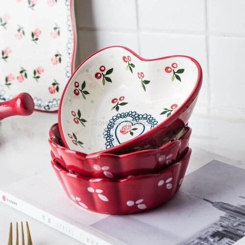 Eramic Cherry Bowl Fruit Salad Bowl Heart Round Shape Breakfast Rice Tableware For Kids Cutlery Dessert Noodles Bowl
