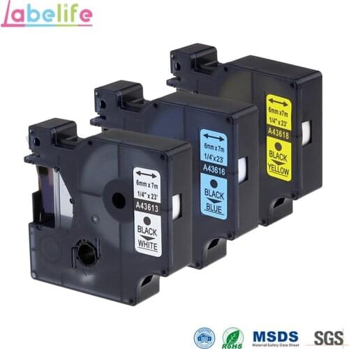 Labelife 3 Pack Combo 6mm DYMO D1 White Blue Yellow 43613 43616 43618 For Dymo LabelManager High-Performance Polyester Label