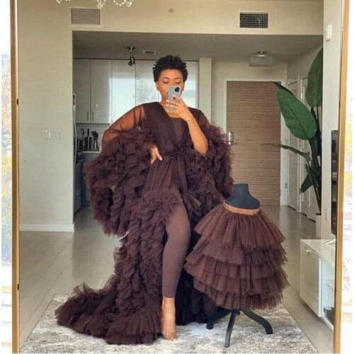Fashion Ruffles Brown Women Dress Tulle Robe Extra Puffy Prom Party Dresses Long Sleeve Cape Kimono Pregnant Gowns Maternity