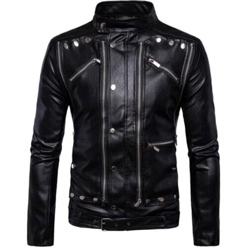 Motorcycle mens leather jacket Multiple zipper Loose coat Rock Punk rivet jackets jaqueta de couro street fashion stand collar