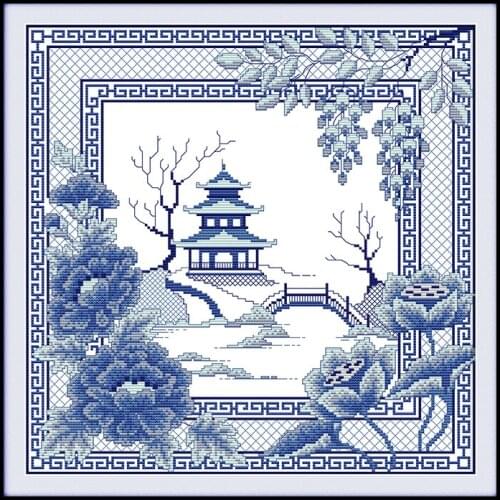 Blue Landscape DIY Crafts11&14CT Printed Patterns Cross Stitch Kits DMC Counted on Canvas Embroidery Sets for Home Decorations