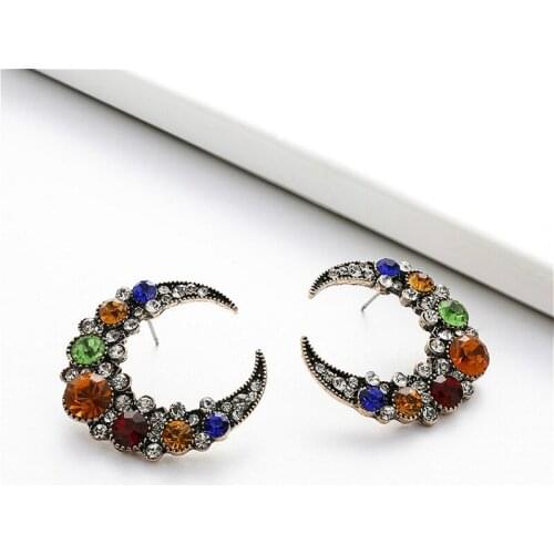 New Retro Style Antique Gold Color Pink Glass Crystal Moon Shaped Stud Earrings for Women Girls Colorful Earrings Wholesale