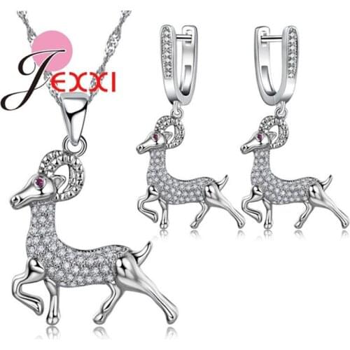 New Brand Goat Animals Real 925 Sterling Silver Women Jewelry Sets Paved Shining Crystals Necklace&Earrings