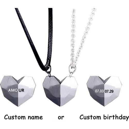 1 Pair Personalized Custom Name Date Wishing Stone Couple Heart Necklace Lettering Creative Magnetic Choker Birthday Lovers Gift