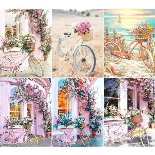 Full Square 5D DIY Diamond Painting Pink Bicycle and Flower Landscape Diamond Inlaid Art Painting Rhinestone Handicraft Kit Gift