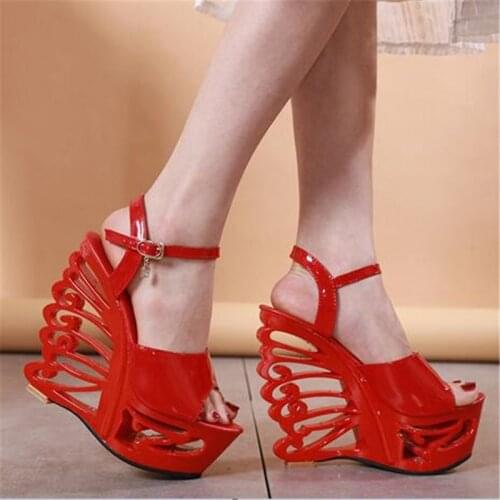 Summer Fashion Womens Hollow out Platform Sandals 15cm Super High Heel Wedges Sandals Sexy Ankle Buckle Peep toe Party Shoes