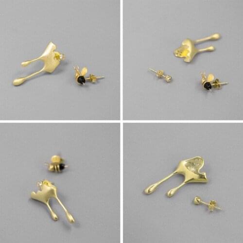 13MC 1 Pair Handmade Fine Jewelry 18K Gold Bee And Honey Drops Asymmetrical Stud Earrings For Women 925 Silver Jewelry Gifts