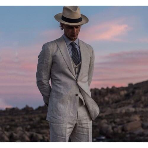 Gray Linen Mens Wedding Suits 2019 Summer Beach Groom Tuxedos Slim Fit 3 PCS Bridegroom Suits Best Man Costume Homme Blazer