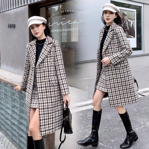 Mid-length woolen coat suit fall 2021 new women fashion double-breasted plaid windbreaker temperament short skirt two-piece suit