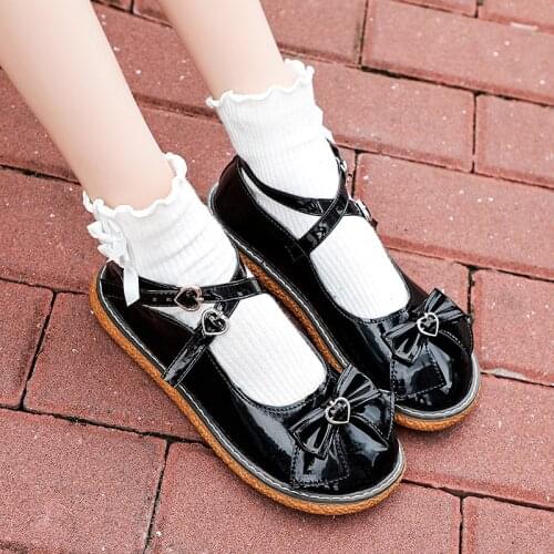 Lolita Shoes Cross-tied Buckle Girls Shoes Bowtie Mary Janes Shoes For Woman Flats Black Cute Student zapatos mujer Spring 8726G